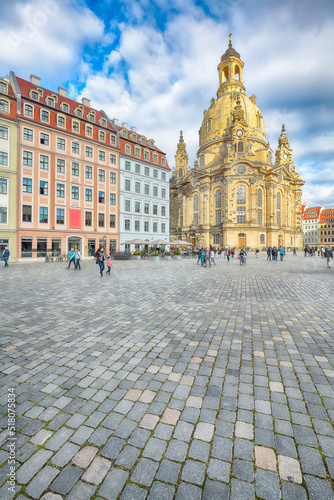 Breathtaking view of  of Baroque church - Frauenkirche at Neumarkt square in downtown of Dresden. photo