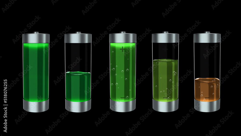 3d render Ecological battery charge with green liquid charging level indicators on a black background 3d render Ecological battery charge with green liquid charging level indicators on a black background