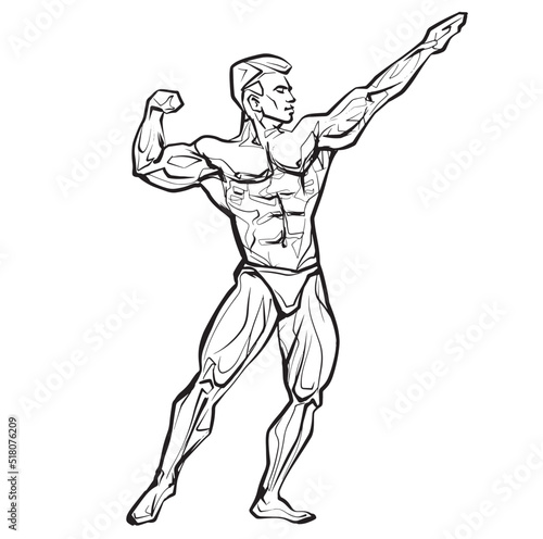 Bodybuilder muscle man fitness posing Black And White Isolated Hand Drawing Vector Illustration Image