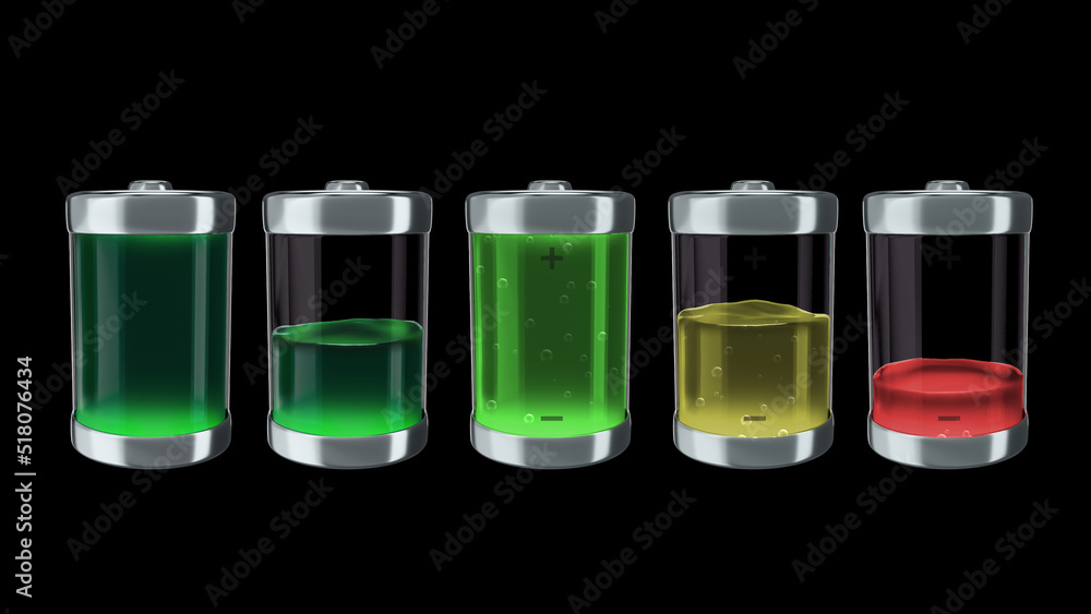 3d render Ecological battery charge with green liquid charging level indicators on a black background 3d render Ecological battery charge with green liquid charging level indicators on a black background