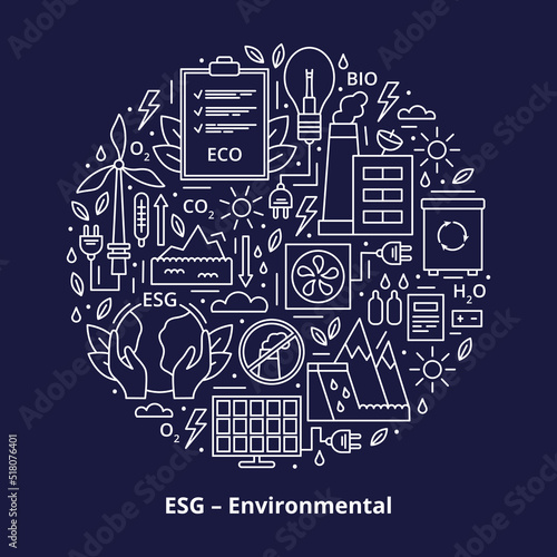 Set of ESG, ECO, BIO icons. ESG environmental criteria, icons placed in the form of a circle. Vector illustration isolated on dark background.