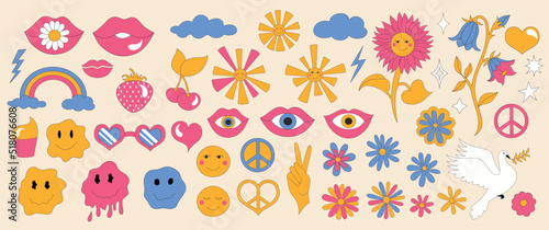 Set with retro 70s style elements. Daisies, sunflower with smiles and sparkles. Summer simple minimalist flowers. 1970 good vibes. Rainbow and eyes. Colourful background. Vector illustration.