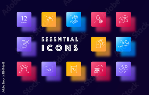 Translation set icon. Translator, language, language barrier, polyglot, speaker, dictionary, speech, dialogue, translation software. Glassmorphism style. Vector line icon for Business and Advertising