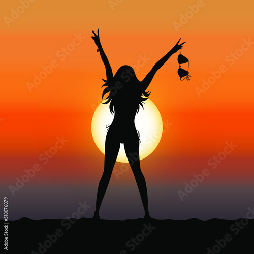 Silhouette of woman holding upper part of her bikini in the air during sunset. Happy girl is enyoing the moment and feeling free. Vector illustration. photo