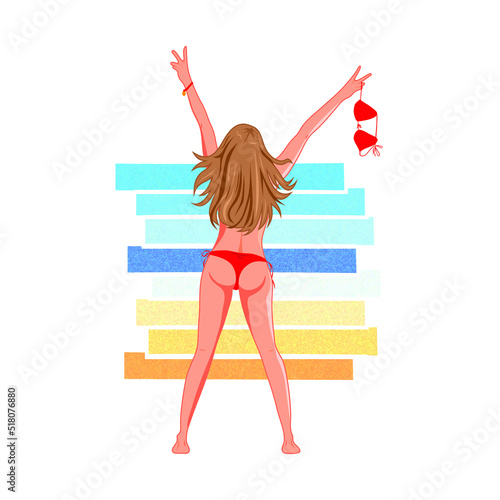 Happy fit woman standing on the beach with arms wide open hodling her bra in the air. Vector illustration.