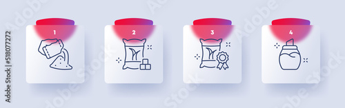 Sugar set icon. Sweetness, sugar cubes, coffee, tea, saucepan, cup, diabetes, sugar bowl, flour. Dessert concept. Glassmorphism style. Vector line icon for Business and Advertising