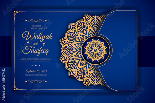 Luxury Mandala Wedding Invitation Card template with golden arabesque pattern Arabic Islamic east background style. Editable vector file. Decorative mandala for print, poster, cover, flyer, banner