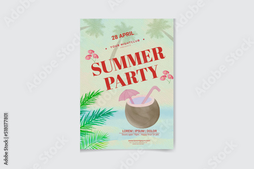 
Summer Vibes Beach Party poster template. beach background with exotic palm leaves and plant, flamingo bird. 