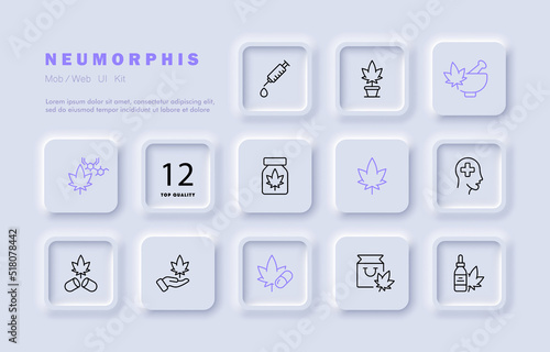 Medical marijuana set icon. Cannabis, injection syringe, mortar, pestle, chemistry, jar, cross, treat, pill, hand, bag, drops, pharmacy. Healthcare concept. Neomorphism. Vector line icon for Business