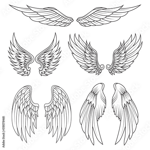 Black White Wings Icon Set. Angel wings. Feather Wings. Vector illustration