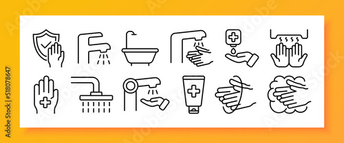 Personal hygiene set icon. Water procedures, wash hands, shower, shield, hand, faucet, antibacterial soap, antiseptic, cross, healing ointment, foam. Healthcare concept. Vector line icon for Business