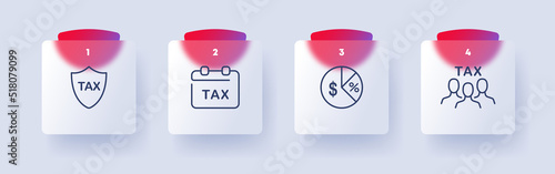Pay taxes set icon. Money, financial management, shield, tax protection, calendar, time to pay, taxpayer, employee. Business concept. Glassmorphism style. Vector line icon for Business and Advertising