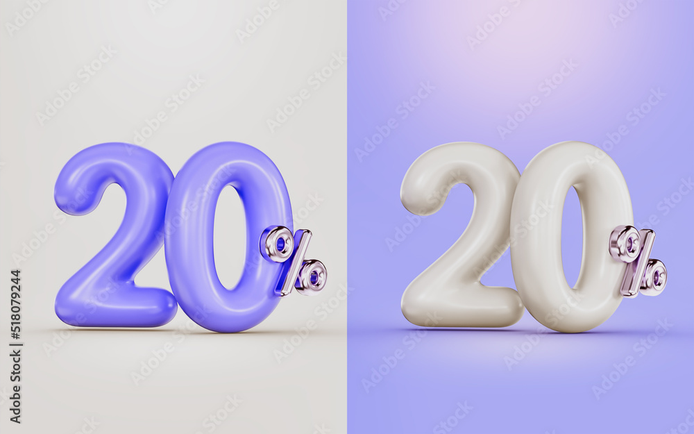big deal 20 percent discount offer with two different colors white and purple 3d render concept big deal 20 percent discount offer with two different colors white and purple 3d render concept