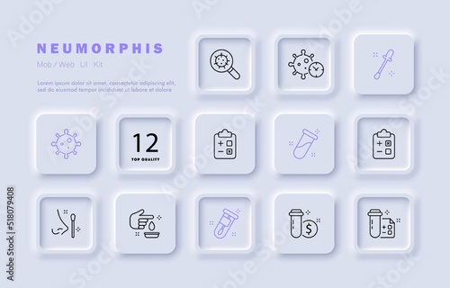 Infection test set icon. Laboratory research, take analysis, virus, incubation period, flask, tube, medical history, money, prescription. Healthcare concept. Neomorphism. Vector line icon for Business