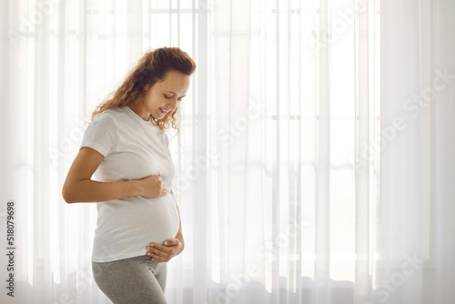 Portrait of happy young pregnant woman tenderly touching her belly posing at home. Smiling woman in comfortable home clothes standing on background of large bright window. Healthy pregnancy concept. Free Download Portrait of happy young pregnant woman tenderly touching her belly posing at home. Smiling woman in comfortable home clothes standing on background of large bright window. Healthy pregnancy concept. - GFXLoad