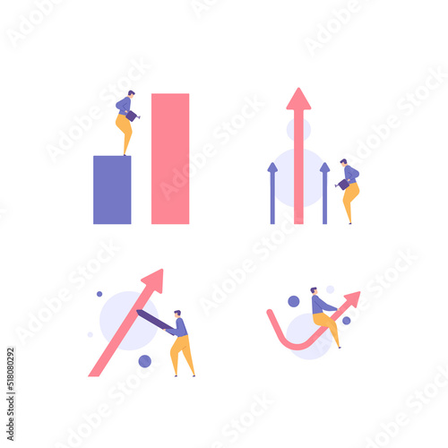 the concept of investment and business income increase. a businessman trying to graph the data and develop capabilities. flat cartoon illustration bundle. vector design set or collection