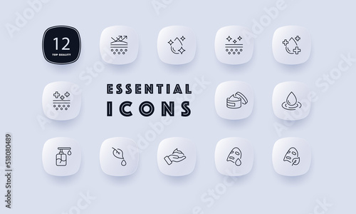 Skin care routine set icon. Protection, sunscreen, spf, hydration, water drop, heal, cream, moisturizer, leaf, eco, pores, foam, face mask. Selfcare concept. Neomorphism. Vector line icon for Business