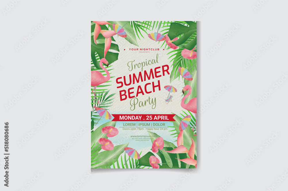 Summer Vibes Beach Party poster template. beach background with exotic palm leaves and plant, flamingo bird.
Summer Vibes Beach Party poster template. beach background with exotic palm leaves and plant, flamingo bird.
