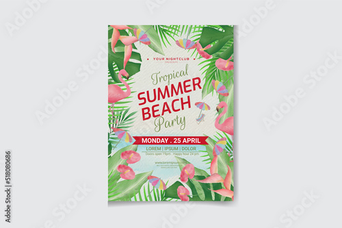
Summer Vibes Beach Party poster template. beach background with exotic palm leaves and plant, flamingo bird. 
