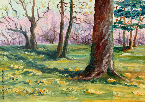 spring landscape with flowering trees, oil painting