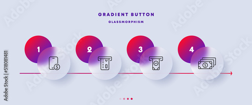 Banking set icon. Bank card, money, dollar, currency, online, internet, app, application, cash register. Financial management concept. Glassmorphism. Vector line icon for Business and Advertising