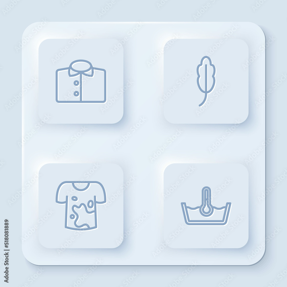 Set line T-shirt, Feather, Dirty t-shirt and Temperature wash. White square button. Vector Set line T-shirt, Feather, Dirty t-shirt and Temperature wash. White square button. Vector