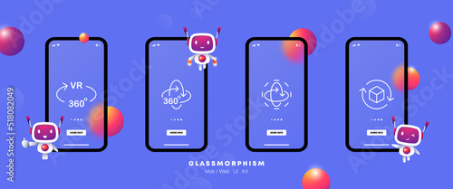 VR set icon. Virtual reality, 360 degrees, arrows, viewing angles, cube, glasses, computer, space, gamer, game. Metaverse concept. Glassmorphism. UI phone app screens. Vector line icon for Business