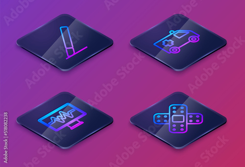Set Isometric line Surgery scalpel, Monitor with cardiogram, Ambulance and Crossed bandage plaster. Blue square button. Vector