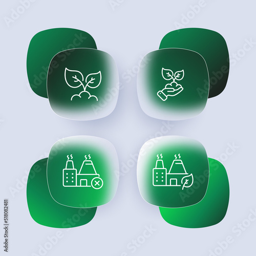 Green energy sources set icon. Growing plant in soil, hand, take care about nature, power plant, leaf, leaves, cross, pollution. Ecology concept. Glassmorphism style. Vector line icon for Business