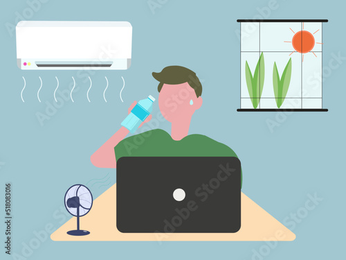 夏 室内で水を飲む男性 エアコン 熱中症対策 仕事中 水分補給 パソコンとオフィス ベクターイラスト