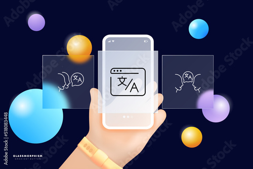 Translator set icon. Translation service, speech bubble, website window, different languages, interpreter, app. Technology concept. Glassmorphism. UI phone app screens. Vector line icon for Business