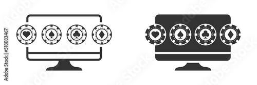 Online casino icon. Monitor icon with poker chips. Vector illustration.