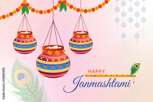 Happy Krishna Janmashtami Dahi Handi meaning cream and pot background