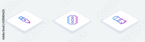 Set Isometric line Hair clipper, Blade razor and Shaving brush. White square button. Vector