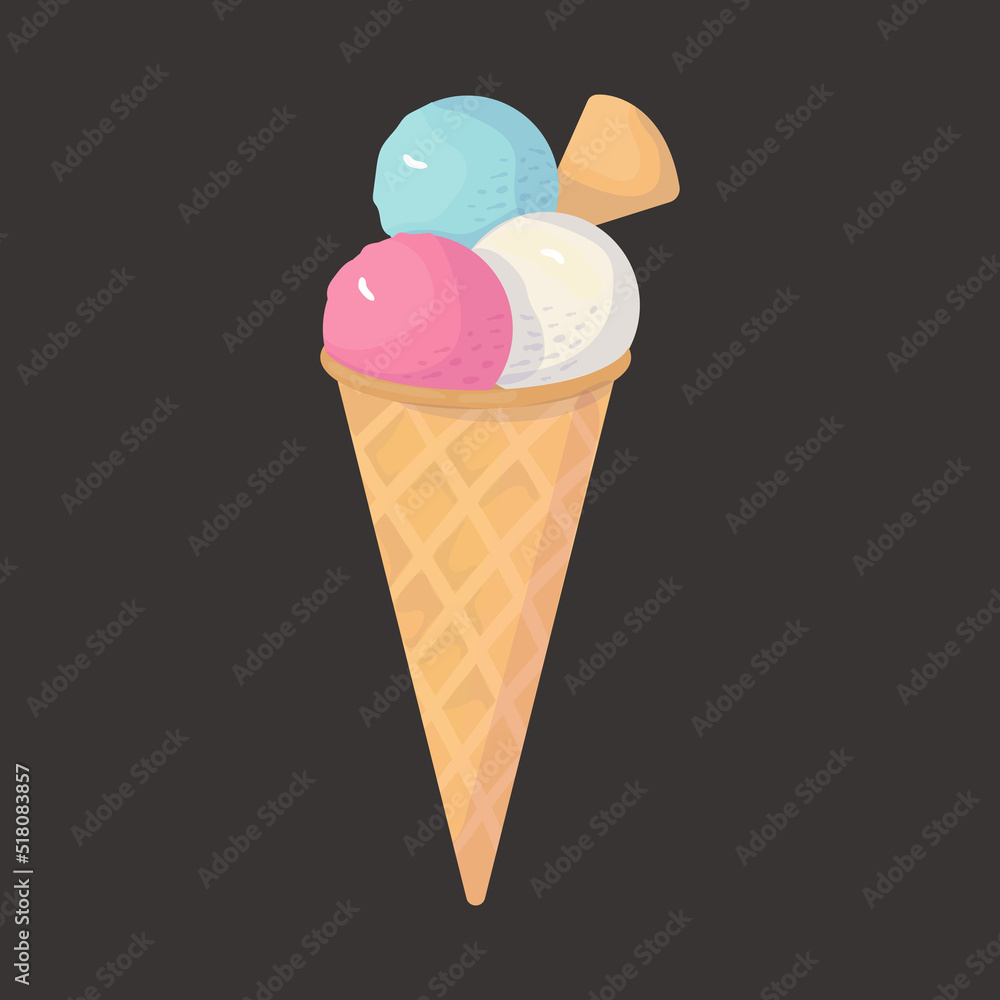 Cartoon Ice cream Vector Illustration. Watercolor Colorful ice cream with waffle cone.