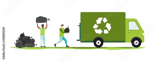 Environmental protection illustration set. Characters collecting plastic trash. Trying reduce co2 emission. Working green recycling industry. Vector.