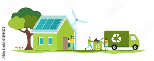 Environmental protection illustration set. Characters collecting plastic trash. Trying reduce co2 emission. Working green recycling industry. Vector.