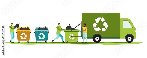 Environmental protection illustration set. Characters collecting plastic trash. Trying reduce co2 emission. Working green recycling industry. Vector.