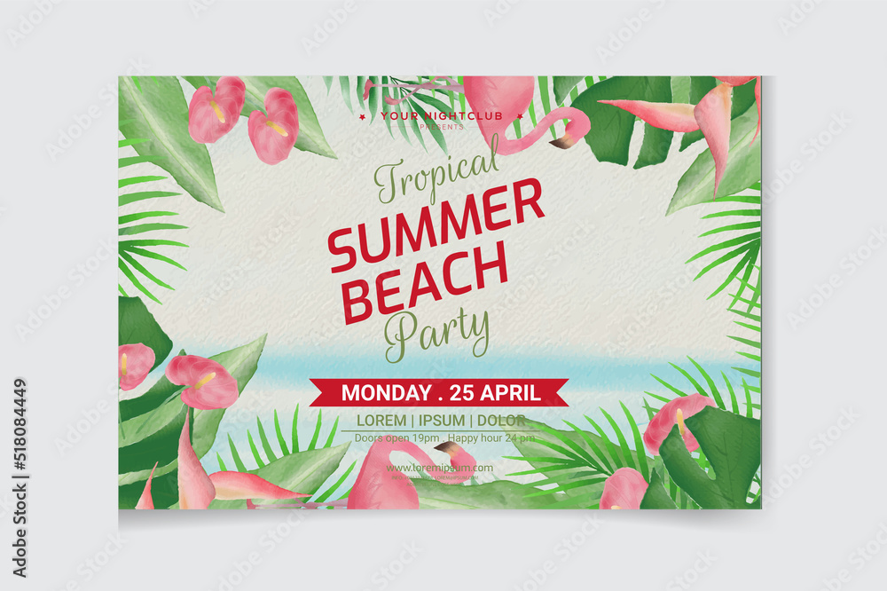watercolor Summer beach party illustration on vintage wood background. Tropical plants, flower, beach ball, air balloon and sunshade with blue sky. Design template for banner, flyer