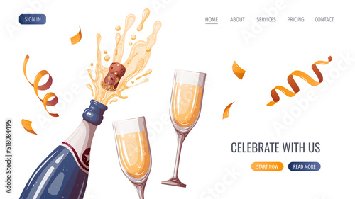 Champagne, glass, serpentine. Birthday party, celebration, holiday, event, festive, congratulations concept. Vector illustration. Website, banner template.
