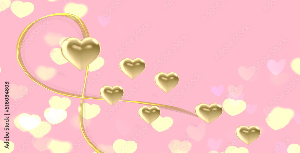 festive pink background gold heart symbol  confetti and happy Valentine day greetings lettering holiday ,template, copy space ,banner