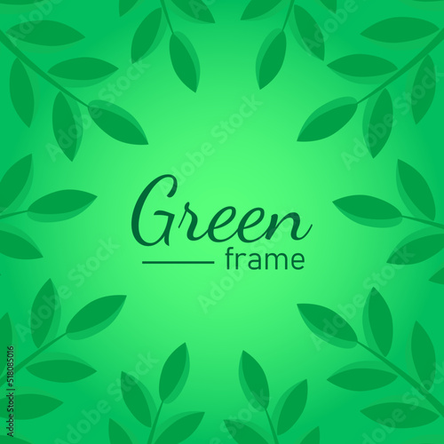 Fresh spring green twigs with leaves frame template with blank space, vector illustration.