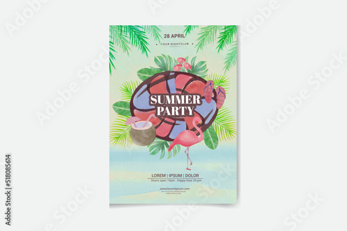 watercolor summer party poster with tropic leaves, coconut and flamingo. Summertime beach background
