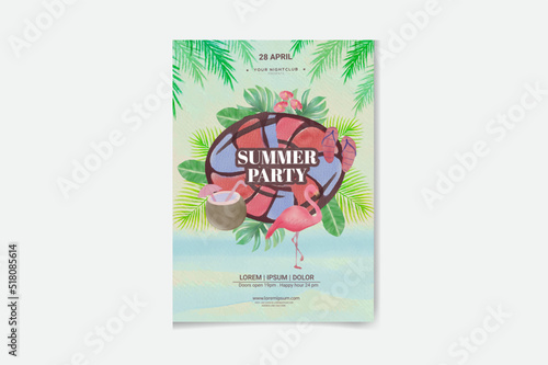 watercolor summer party poster with tropic leaves, coconut and flamingo. Summertime beach background