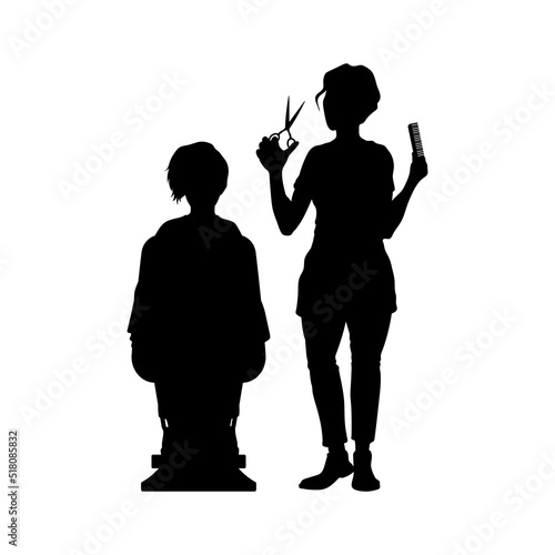Hairdresser silhouette. Isolated black stylist portrait. Beauty salon scene. Girl fashion service. Haircut master with scissors and comb