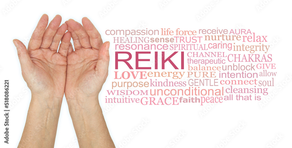 Humble reiki healing hands word cloud - female cupped hands beside REIKI word cloud against white background
