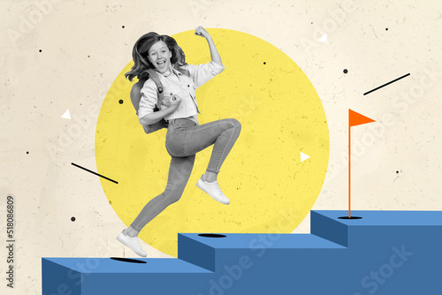 Photos Composite collage image of excited delighted girl black white gamma running towa