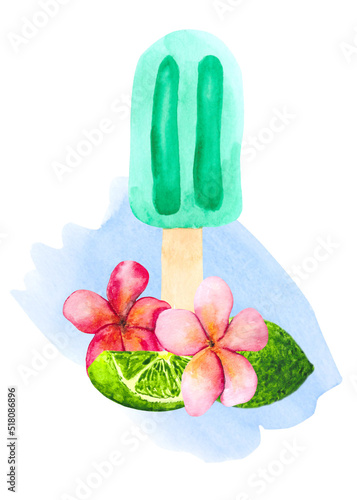 Delicious mint ice cream decorated with fresh lime and delicate flowers. Watercolor drawing by hand for decorating postcards  menus and posters about food and desserts.