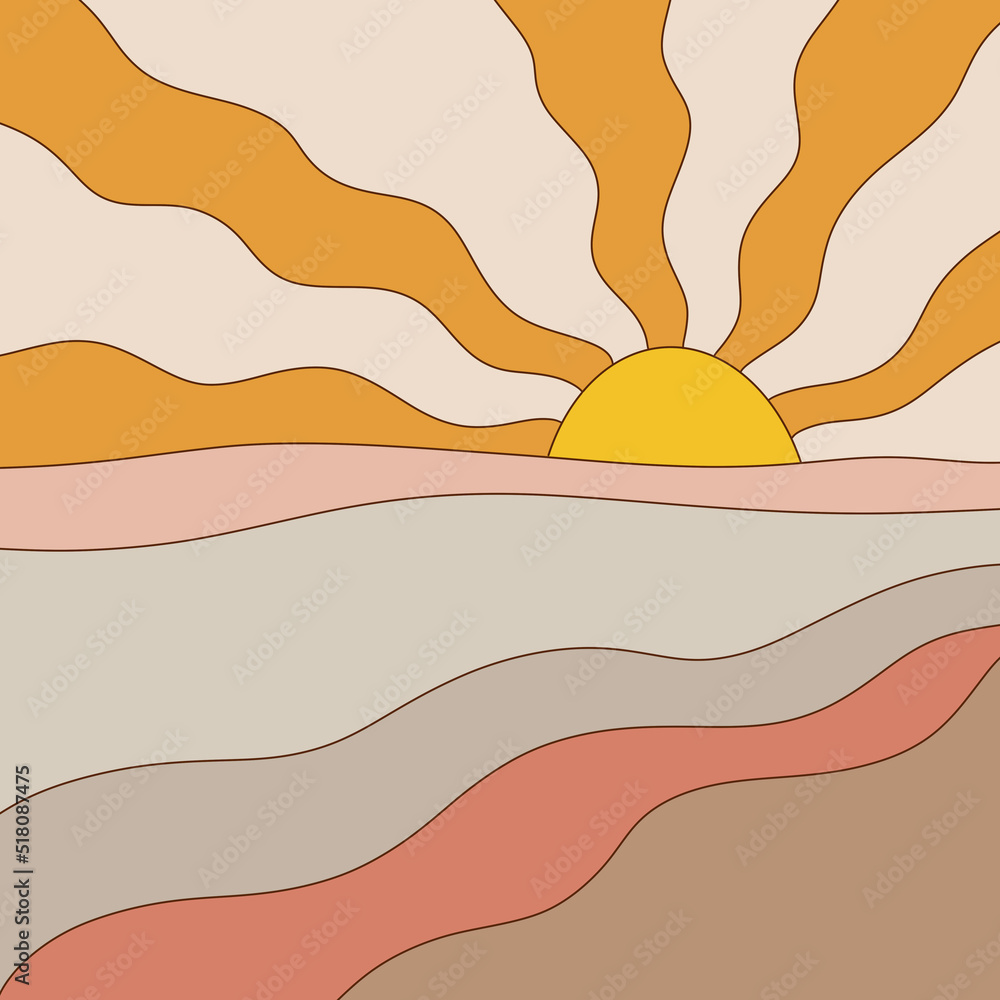 flat illustration. Abstract modern landscapes in earth tones. Modern background in boho style with mountains, sun, rainbow and clouds. minimalist wall decor.