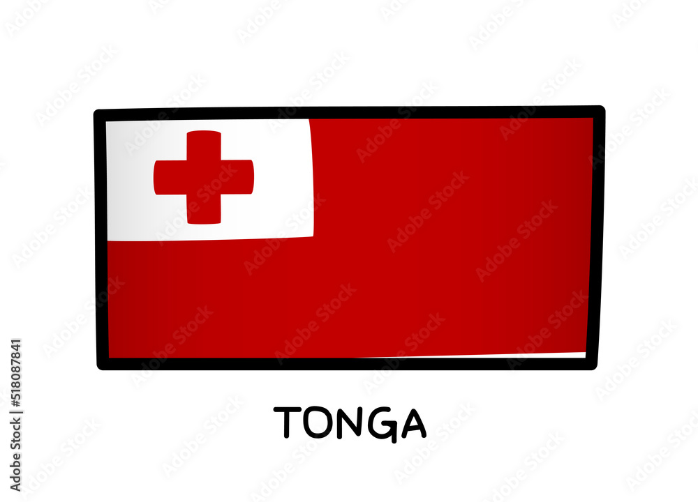 Flag of Tonga. Colorful Tongan flag logo. Red and white brush strokes, hand drawn. Black outline. Vector illustration